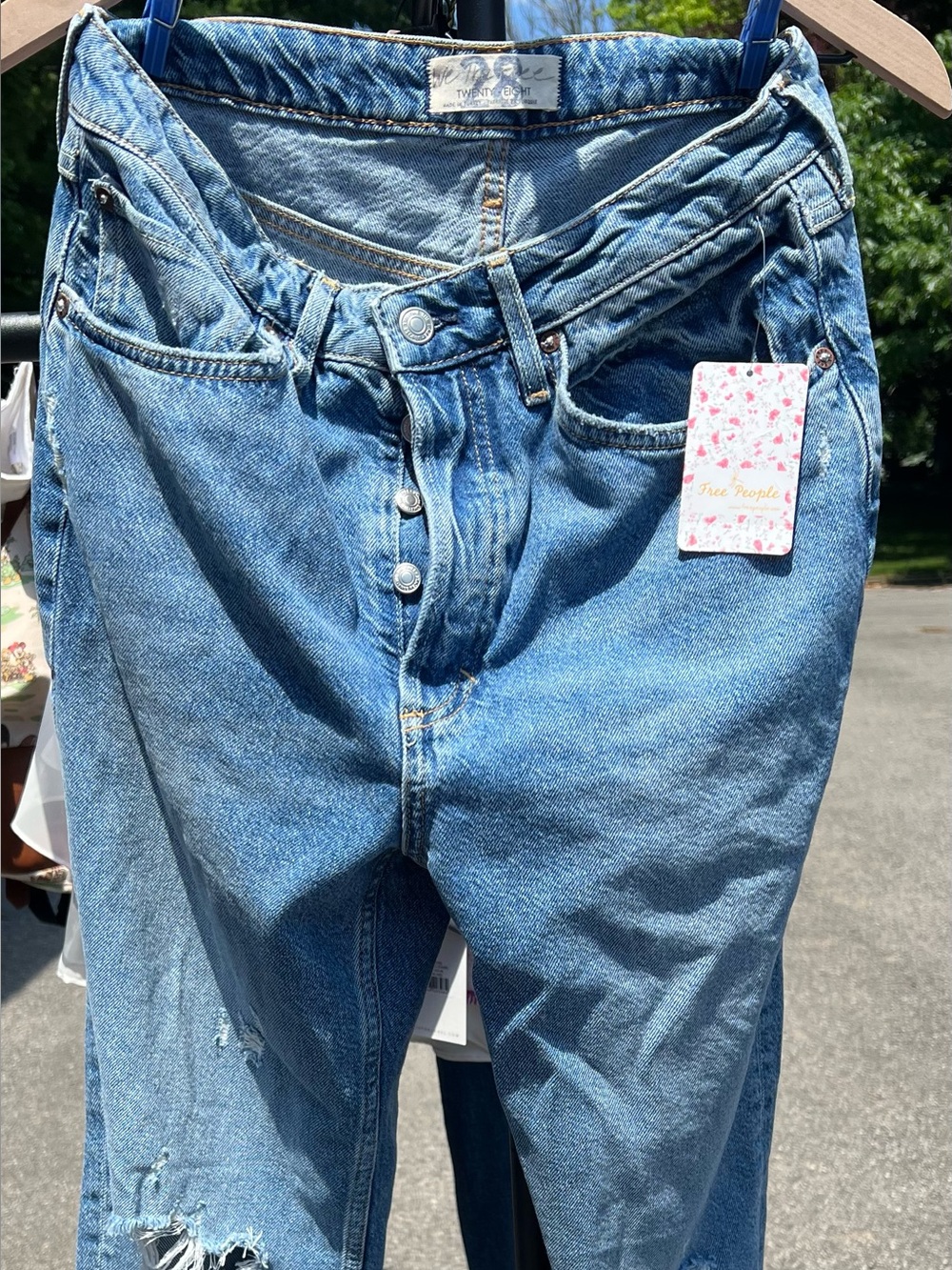 Free People Mirage Blue Button Distressed Ankle Mom Jeans Size 28 NWT
